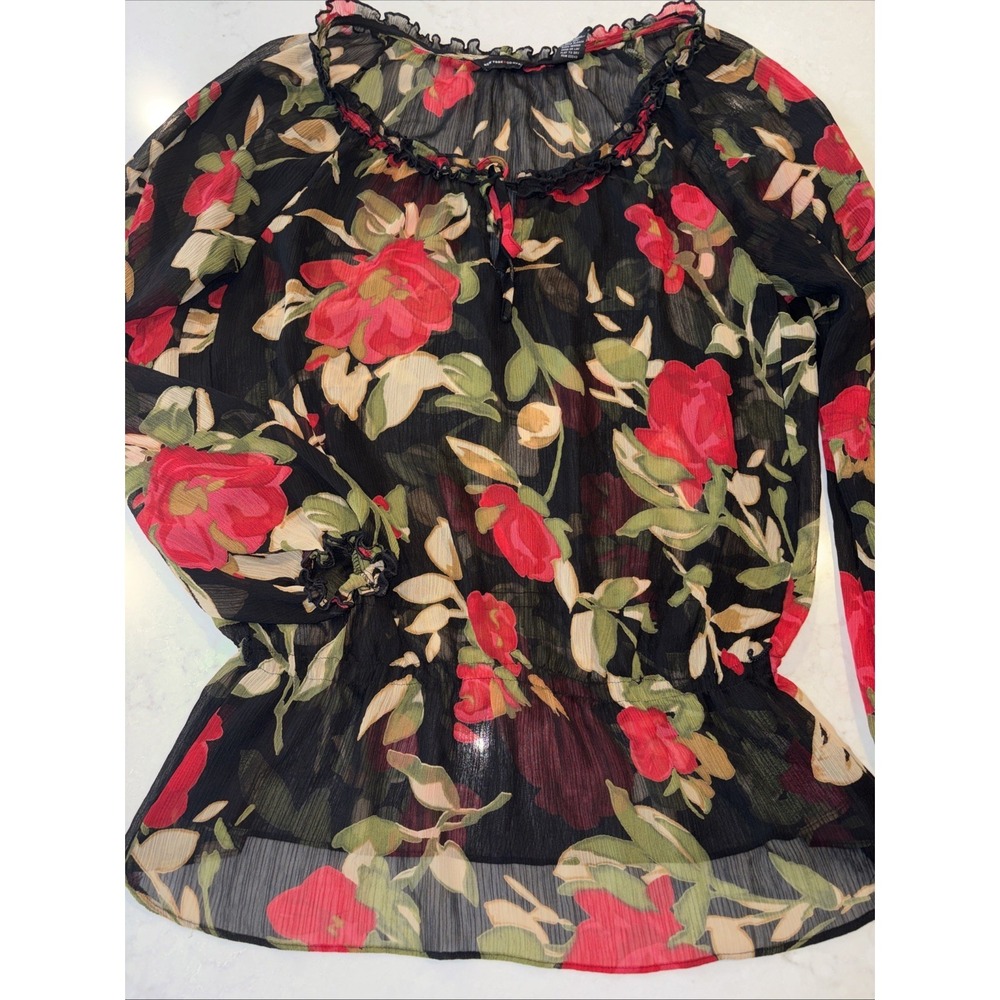 New York & co Blouse L Tie Elastic Sheer Floral Whimsigoth Romantic Roses Fairy